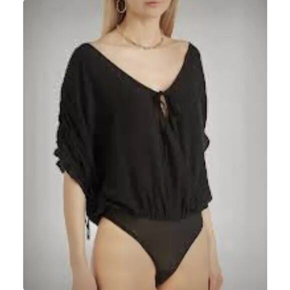Intimately by Free People Women’s Cleo Tie‎ Front Cutout Bodysuit Top Sz S Black - Picture 3 of 5